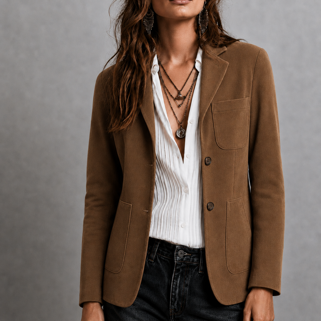 Women's Faux Suede Blazer Notch Lapel Patch Pockets