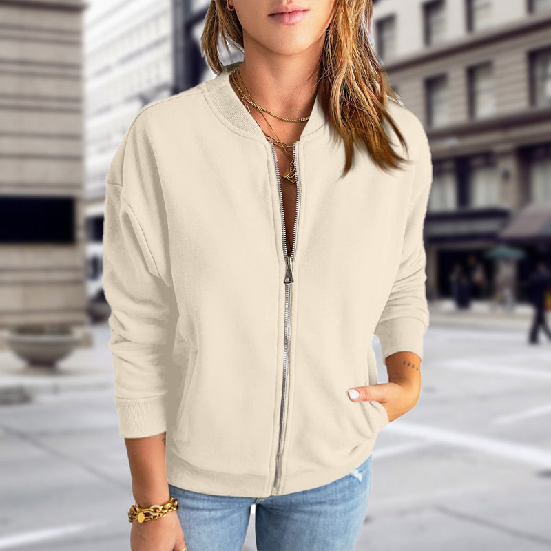 Blouson bomber décontracté à fermeture zippée pour femme avec poches