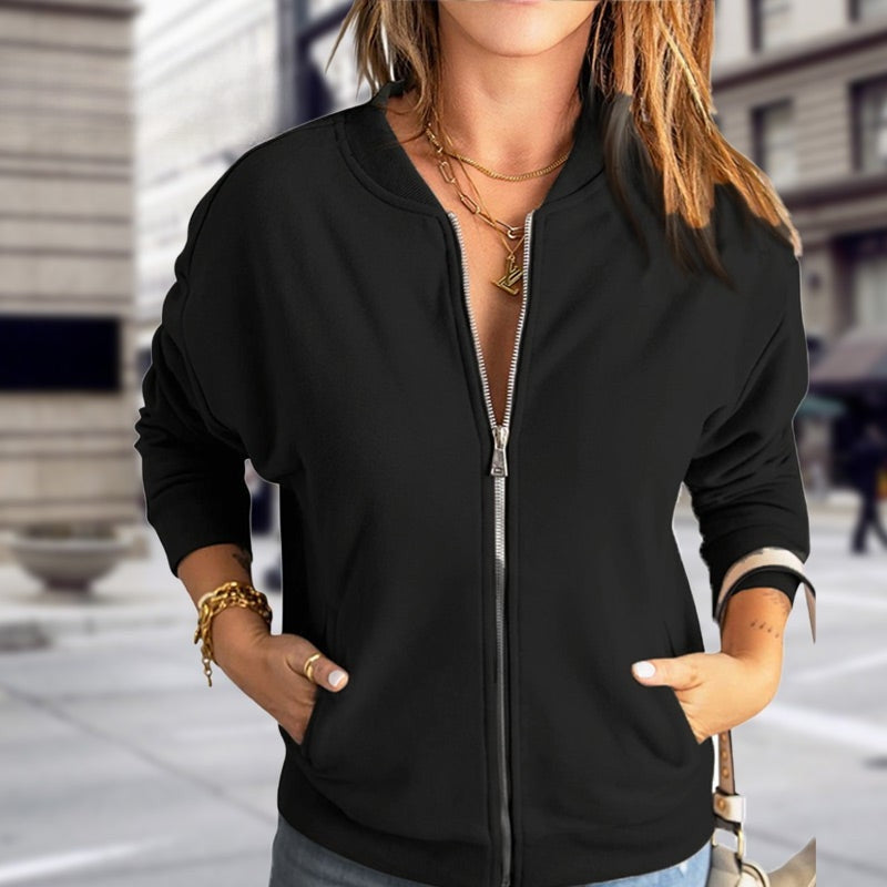 Blouson bomber décontracté à fermeture zippée pour femme avec poches