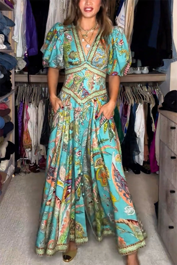 Amelia Quinn | Abito maxi leggero con maniche a sbuffo e scollo a V