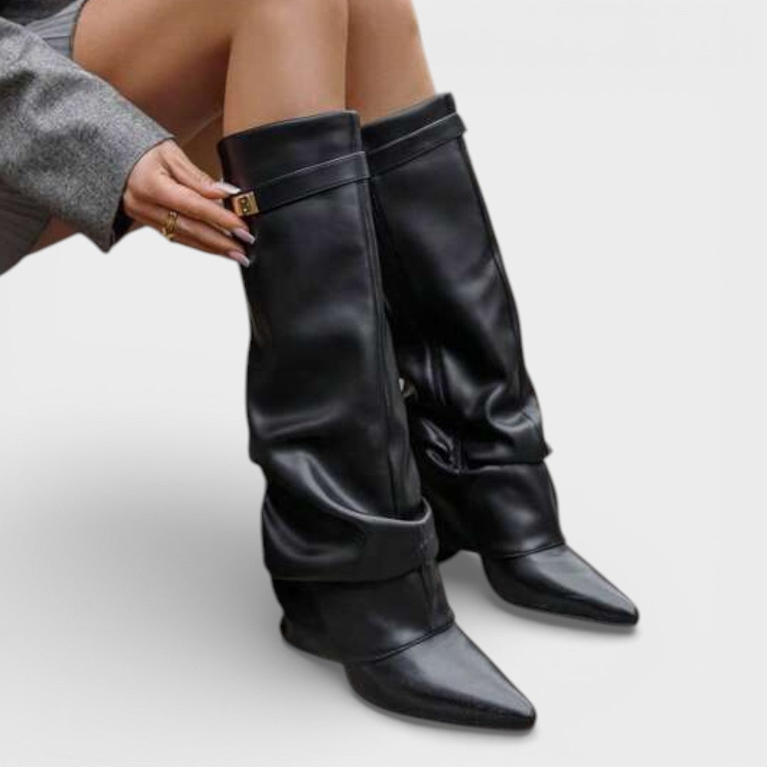 Women's Tall Pointed Toe Boots Ruched Low Heel Buckle