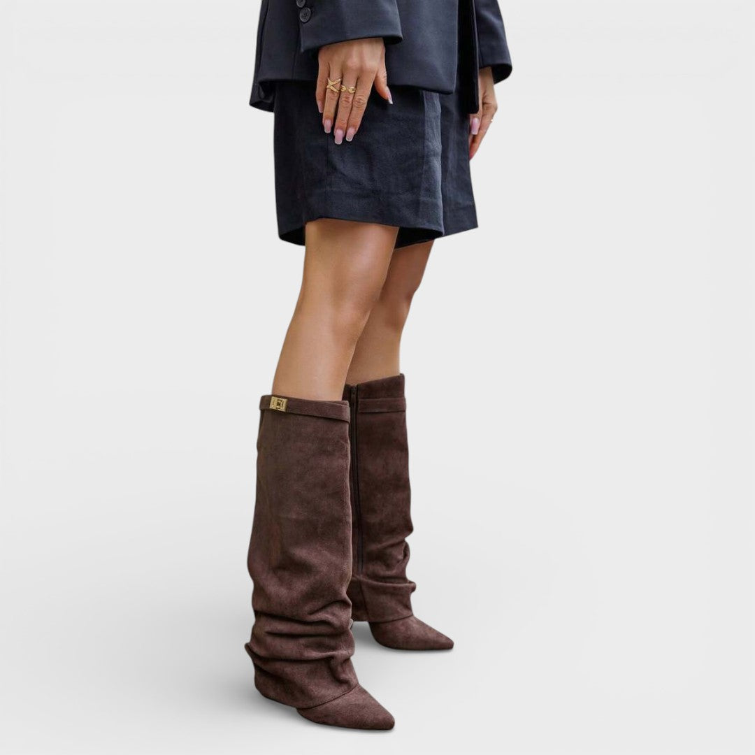 Women's Tall Pointed Toe Boots Ruched Low Heel Buckle