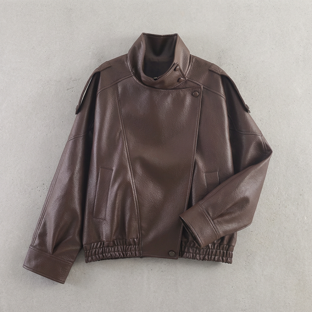 Women's Faux Leather Jacket Motorcycle Cut Long Sleeve