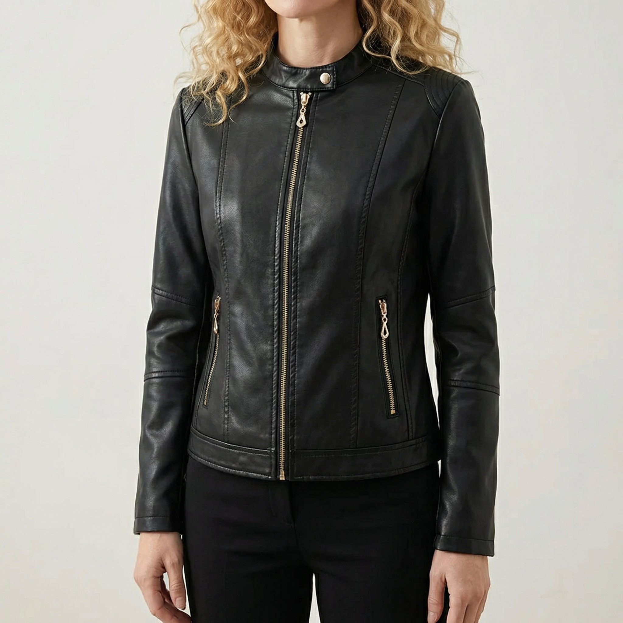 Women's Faux Leather Biker Jacket Decorative Buttons Windproof
