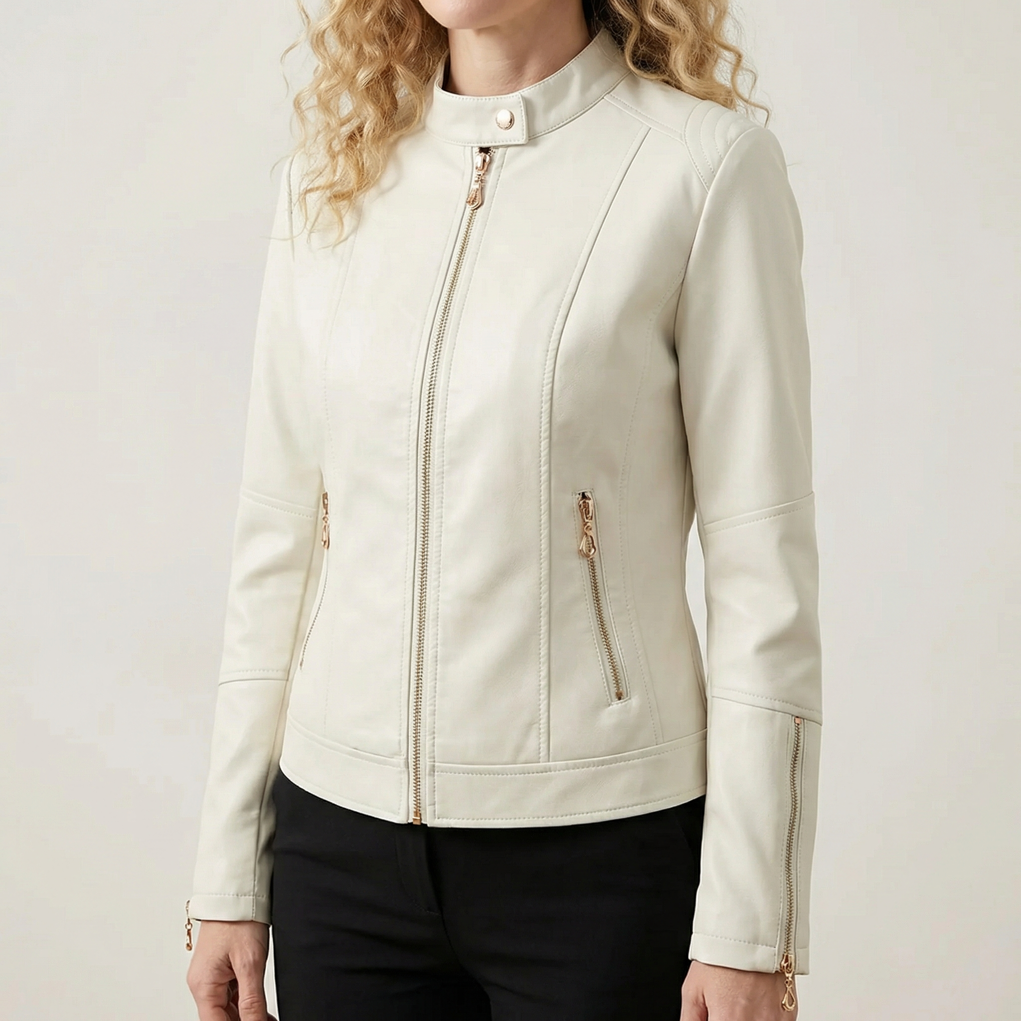 Women's Faux Leather Biker Jacket Decorative Buttons Windproof