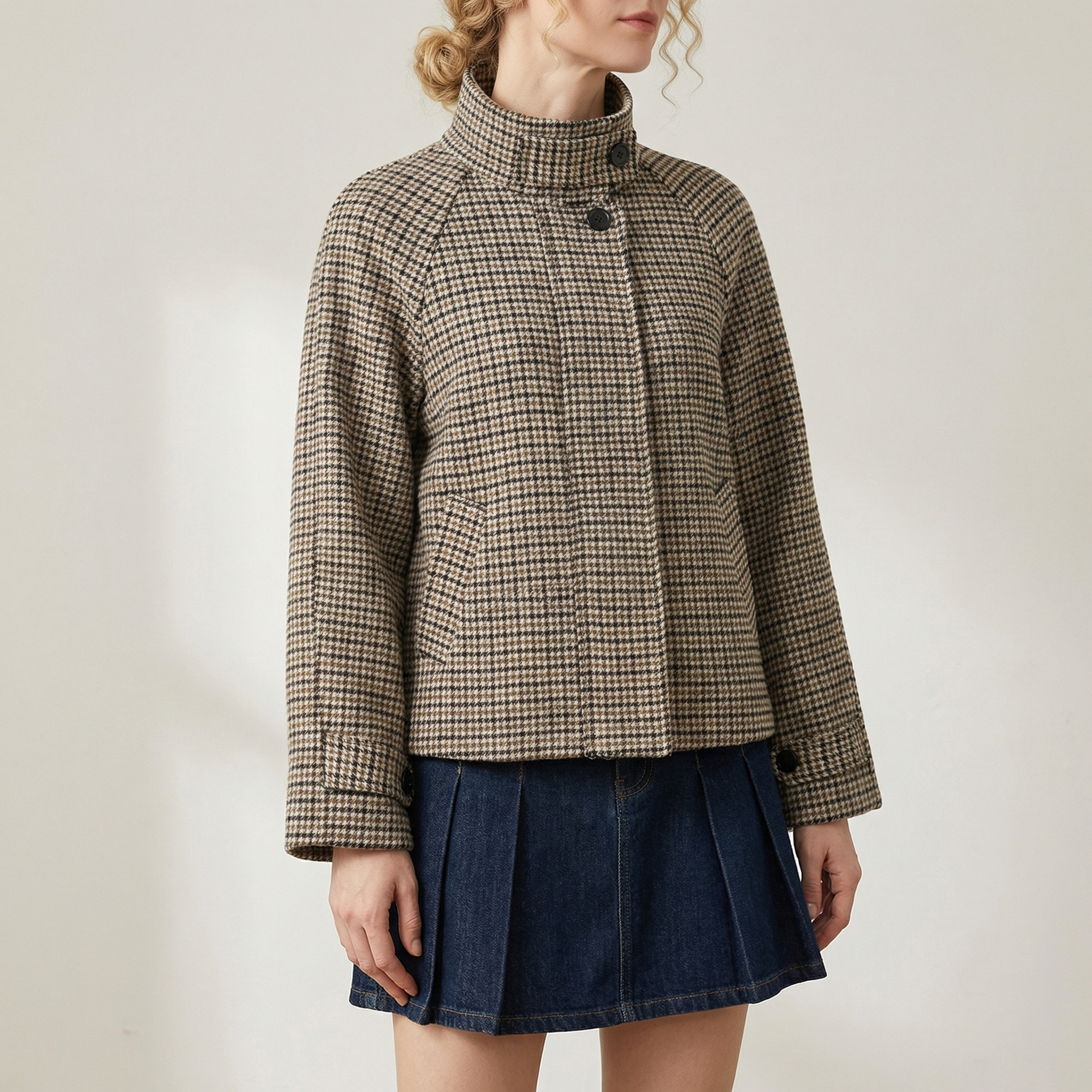 Women's Check Coat Double-Breasted Cotton-Blend Long Sleeve