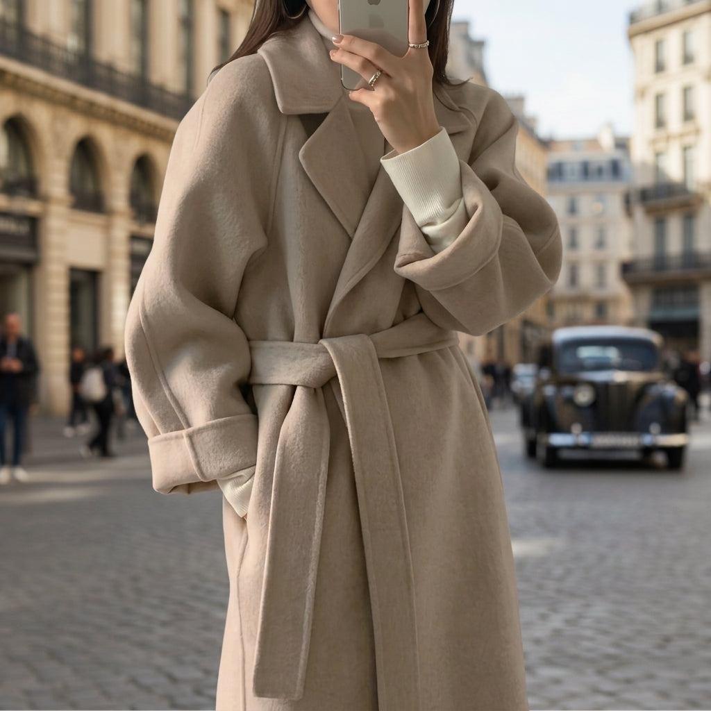 Women's Wool-Blend Coat Notched Collar Belted