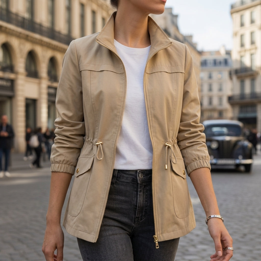 Women's Cotton Jacket Zip-Up Drawstring Waist