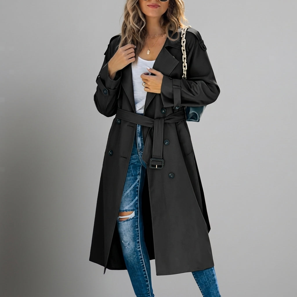 Trench-coat femme en coton, patte de boutonnage, coupe ajustée
