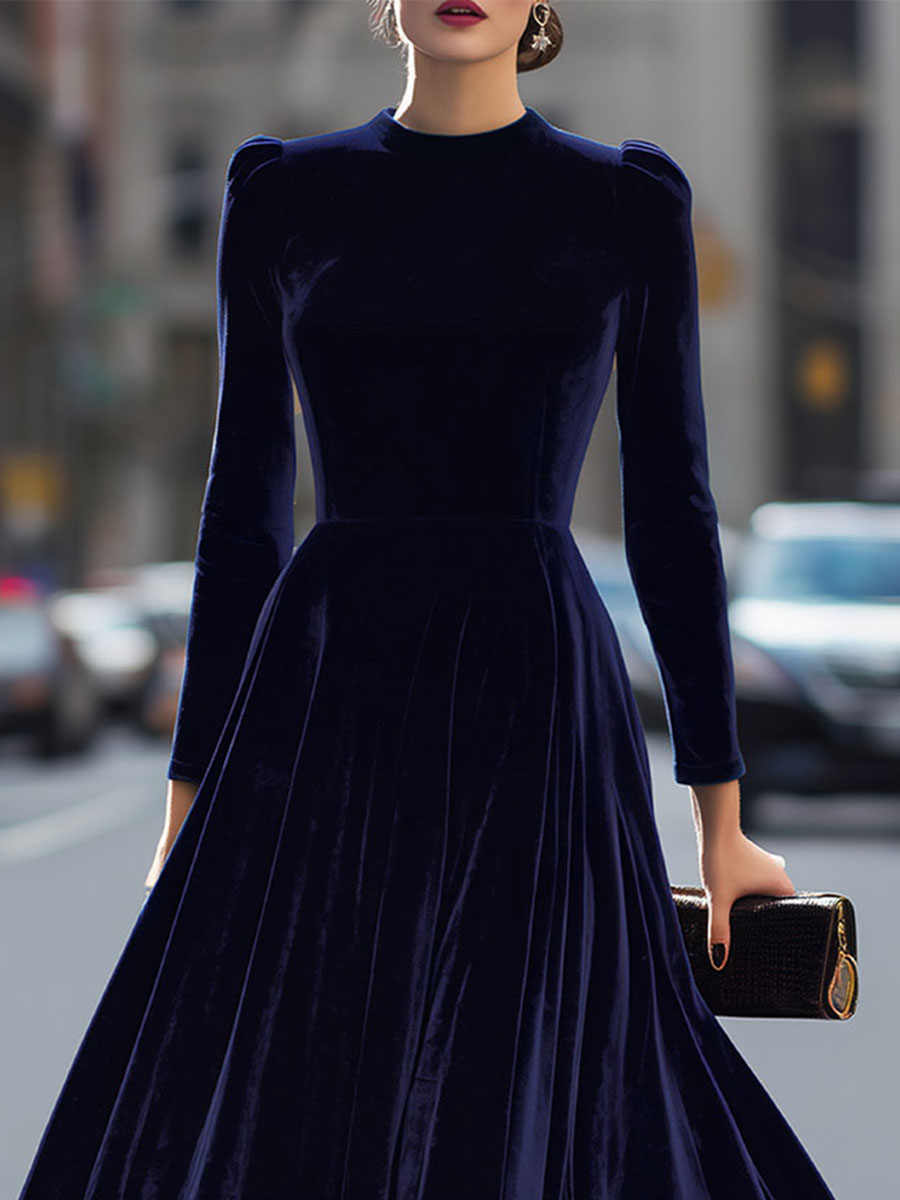 Elissa | Vestido midi de manga larga azul marino
