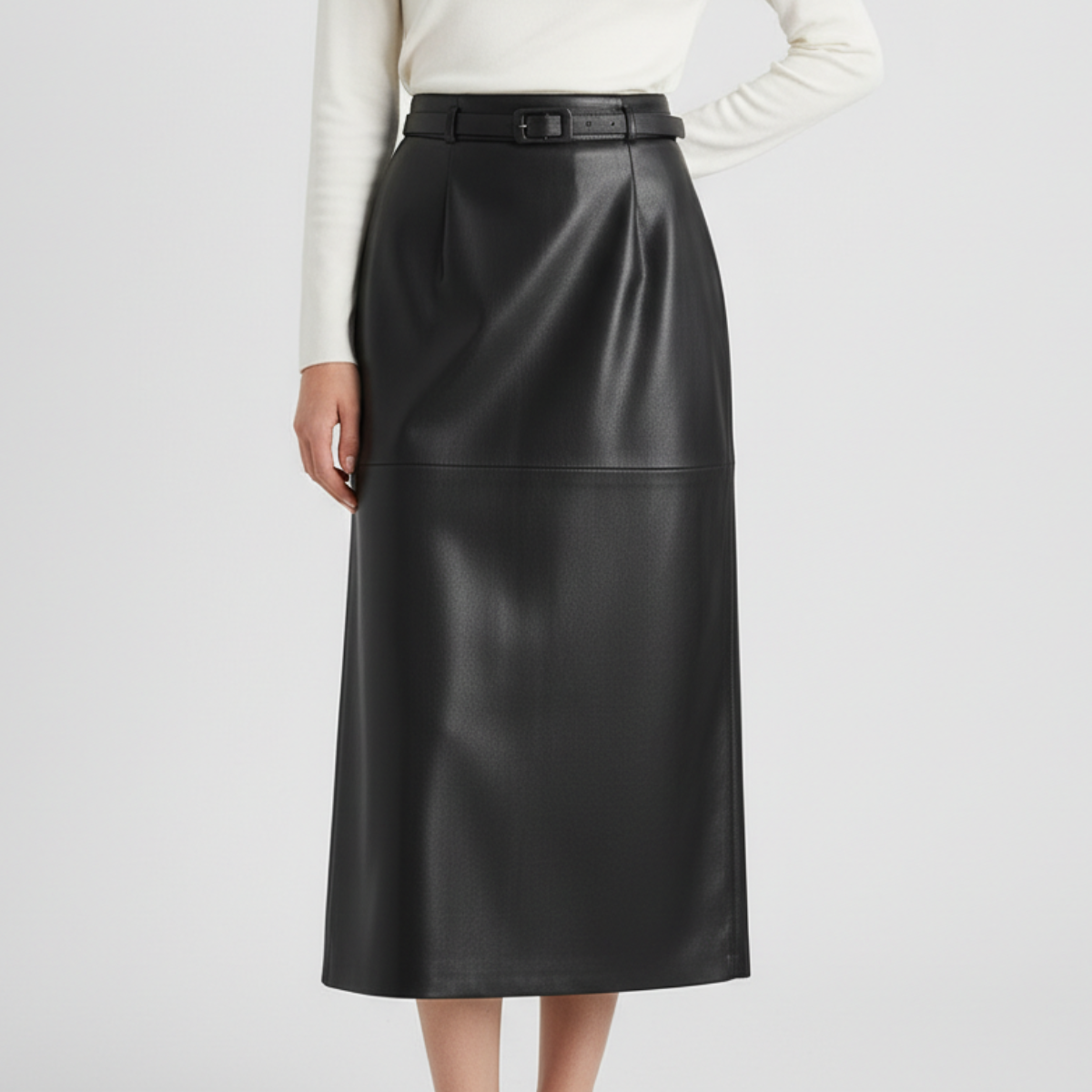Women's Faux Leather Skirt High Waist Buckle Belt