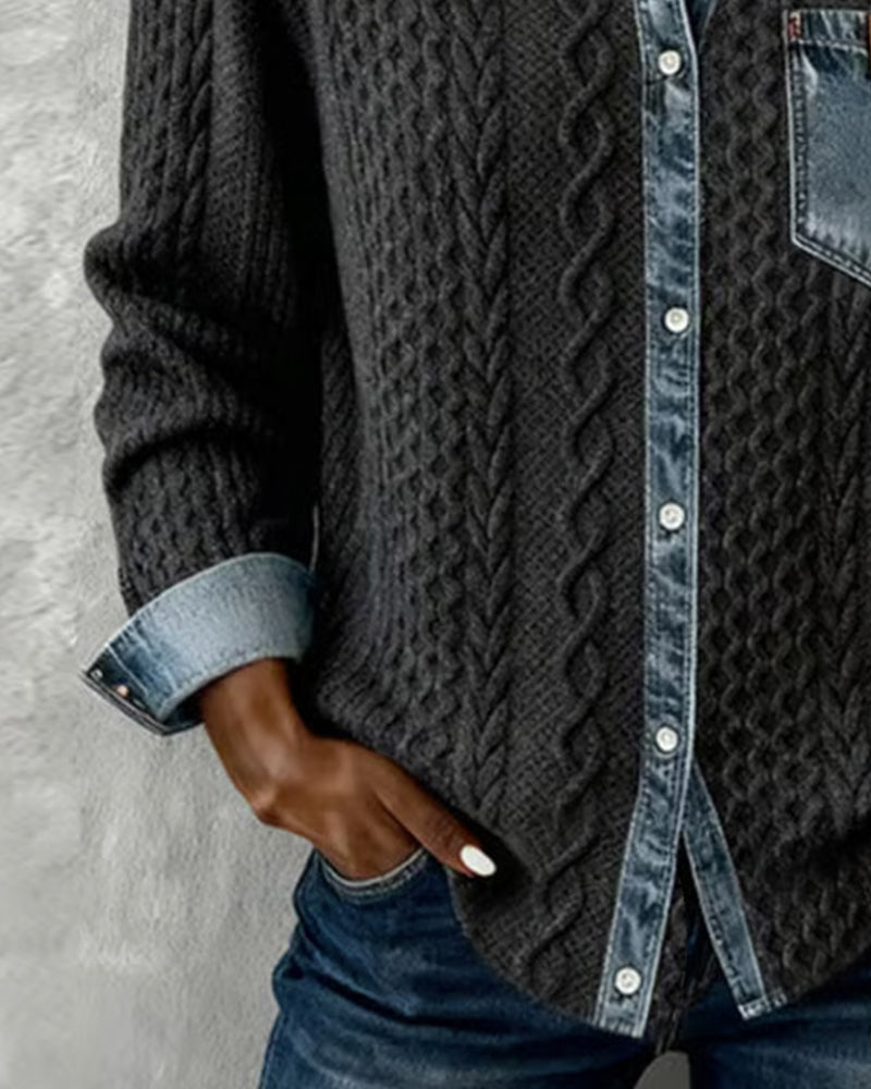 Harper - Chic Knitted Shirt with Denim Details