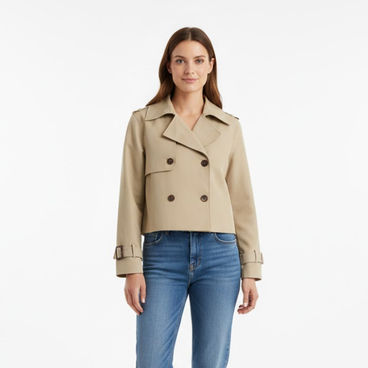 Trench-coat court pour femme à double boutonnage et col à revers cranté