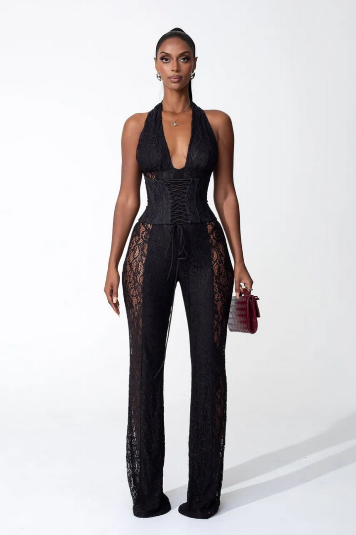 Deny Halter Neck Sheer Lace Jumpsuit