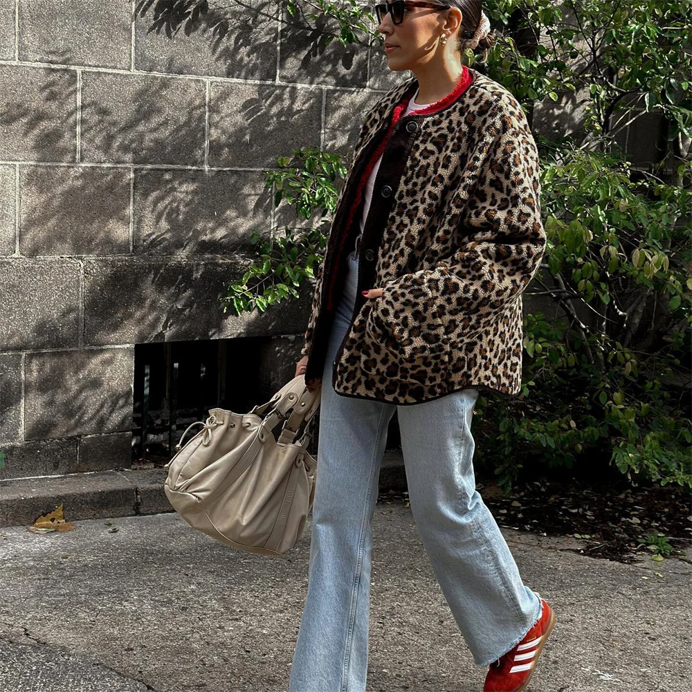 Women's Leopard Print Jacket Round Neck Autumn Layer