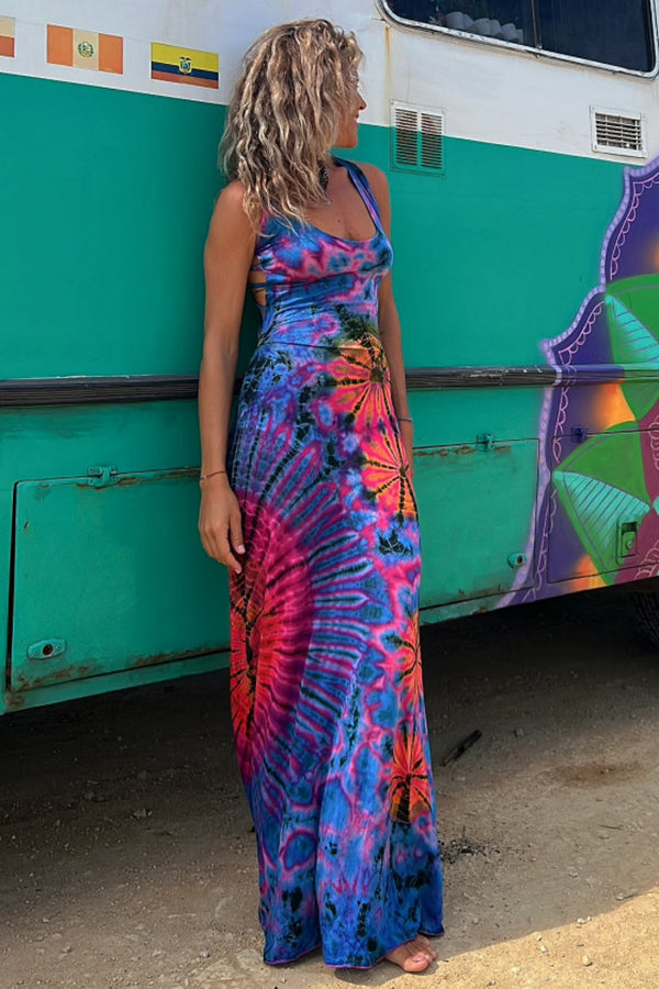 Belle La Bamba Tie-dye Print Back Lace-up Stretch Maxi Dress