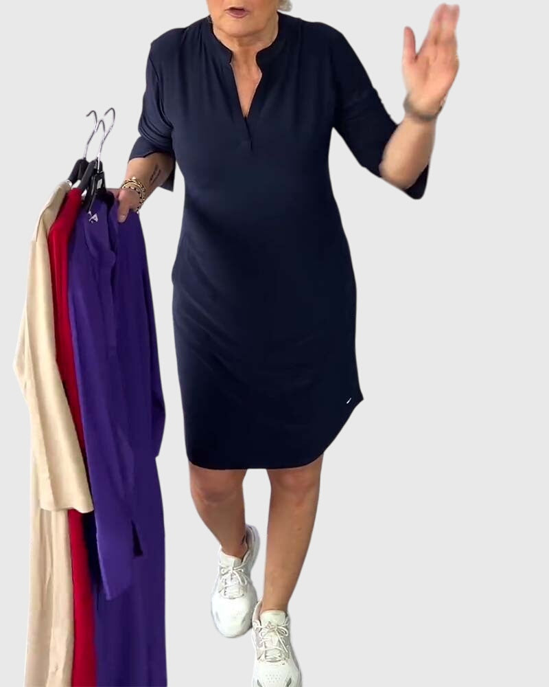 Lily | Einfarbiges Kleid mit V-Ausschnitt