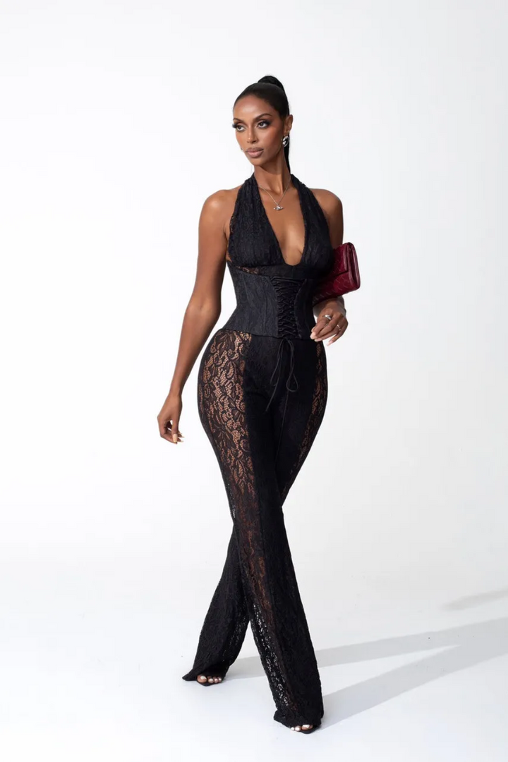 Deny Halter Neck Sheer Lace Jumpsuit