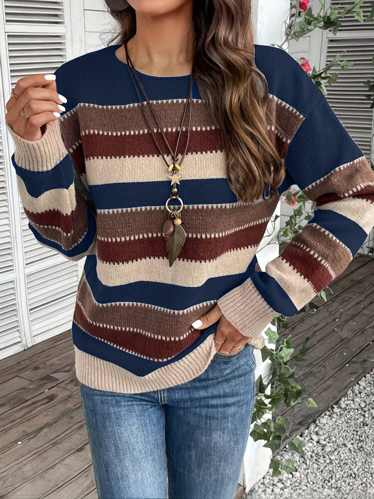 Pull en maille rayé pour femme à col rond