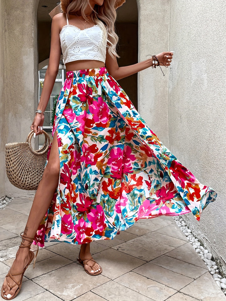 Grace - Floral Print Split Hem Skirt