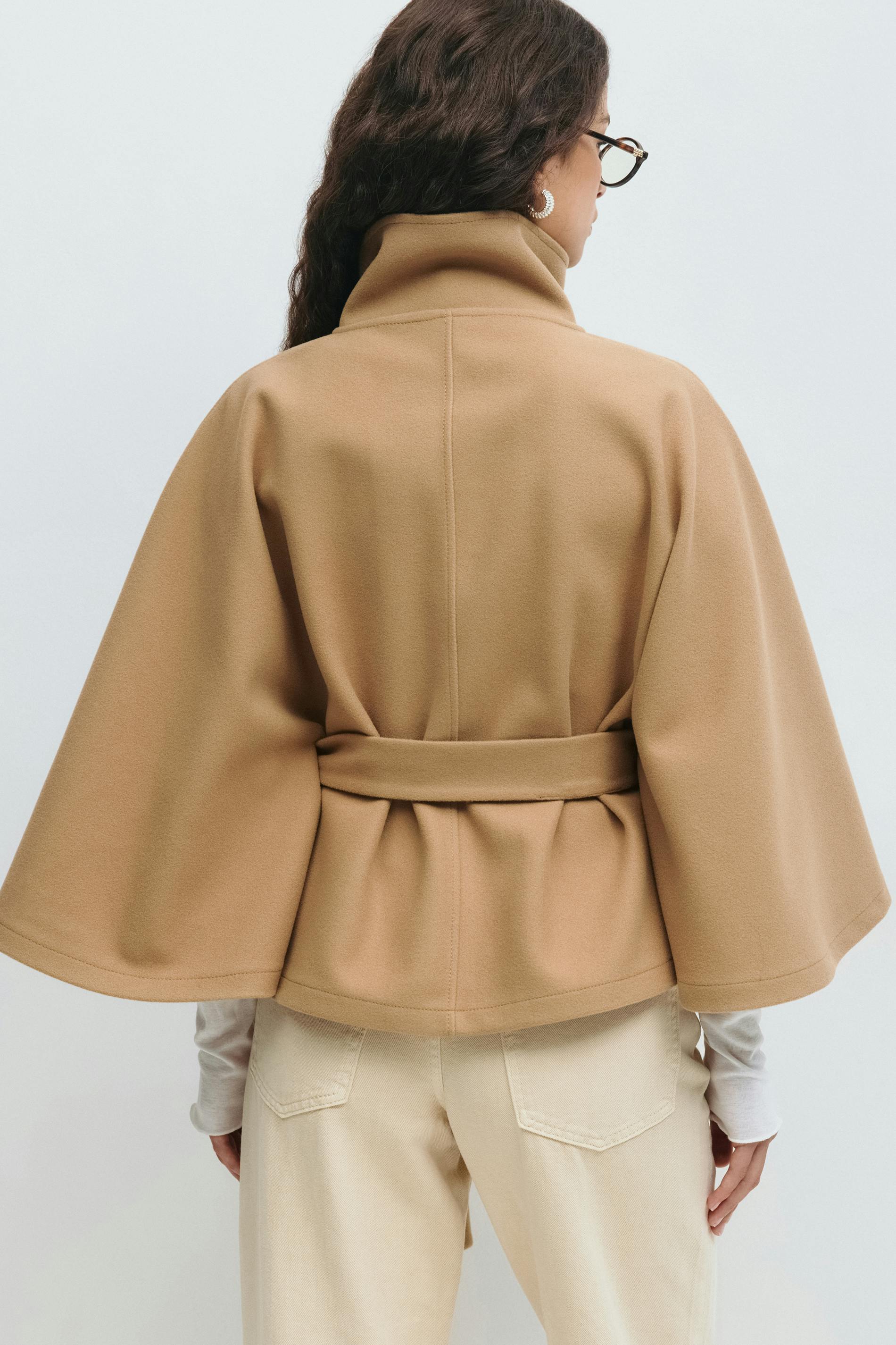 Women's Cape Coat High Neck Tie Belt Loose Silhouette