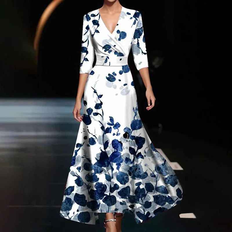 Zoe - Abito lungo classico a fiori con scollo a V