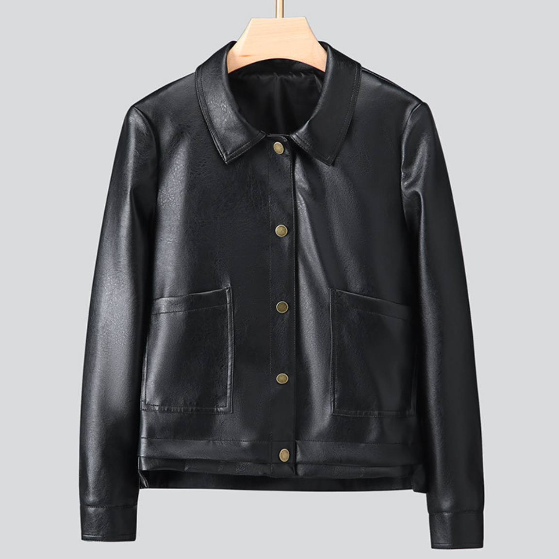 Women's Faux Leather Jacket Collared Button-Up Smooth