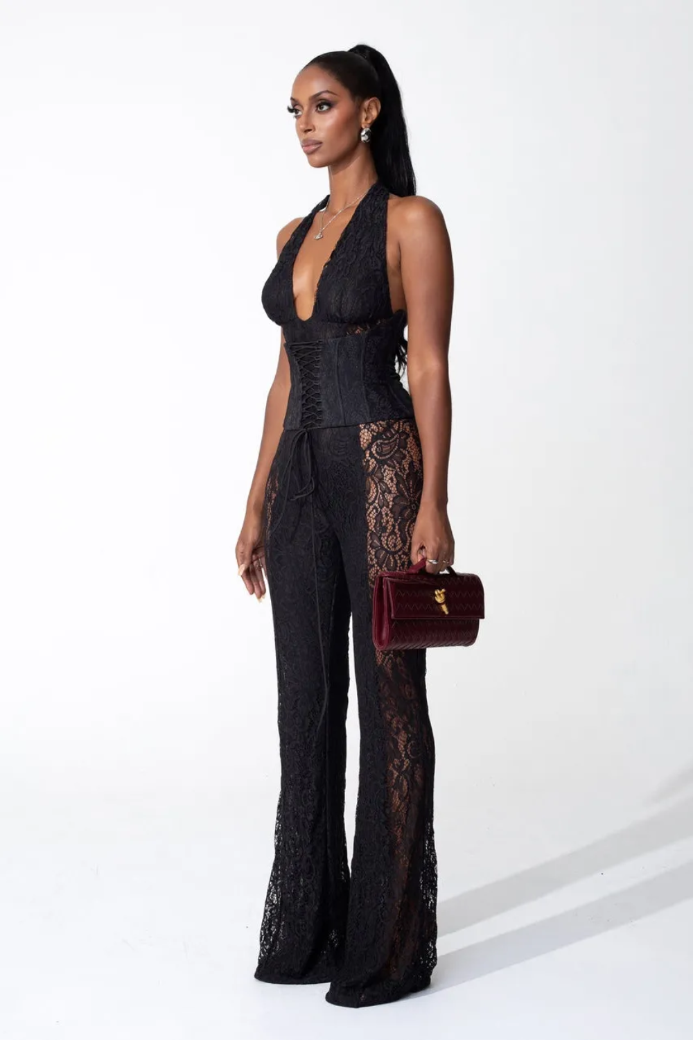 Deny Halter Neck Sheer Lace Jumpsuit