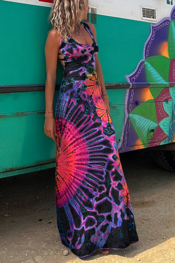 Belle La Bamba Tie-dye Print Back Lace-up Stretch Maxi Dress