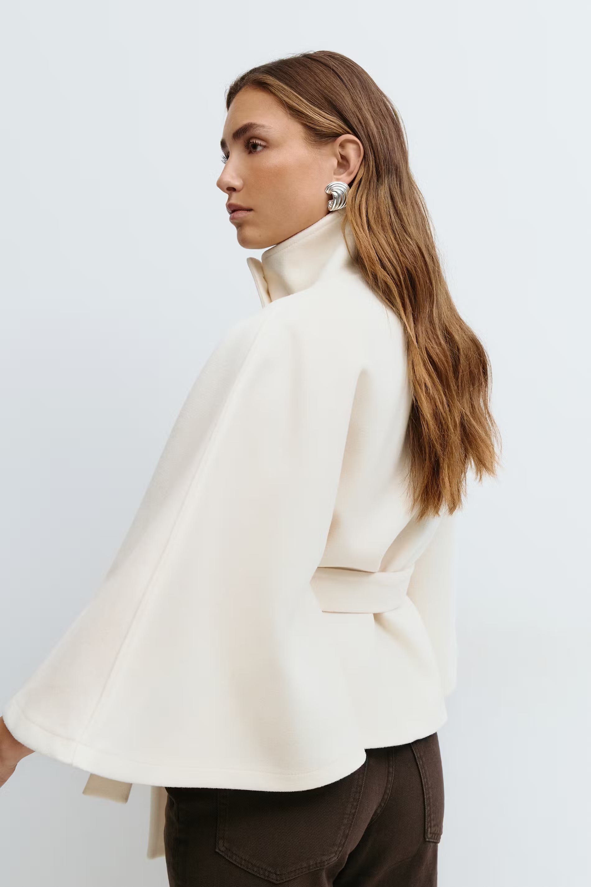 Women's Cape Coat High Neck Tie Belt Loose Silhouette