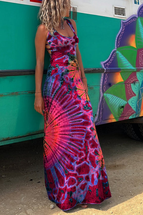 Belle La Bamba Tie-dye Print Back Lace-up Stretch Maxi Dress