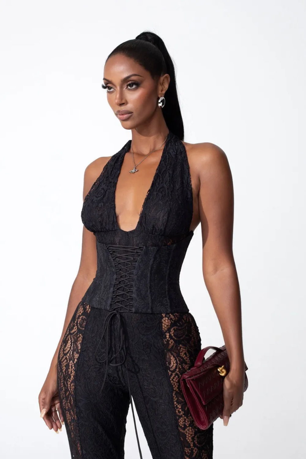 Deny Halter Neck Sheer Lace Jumpsuit