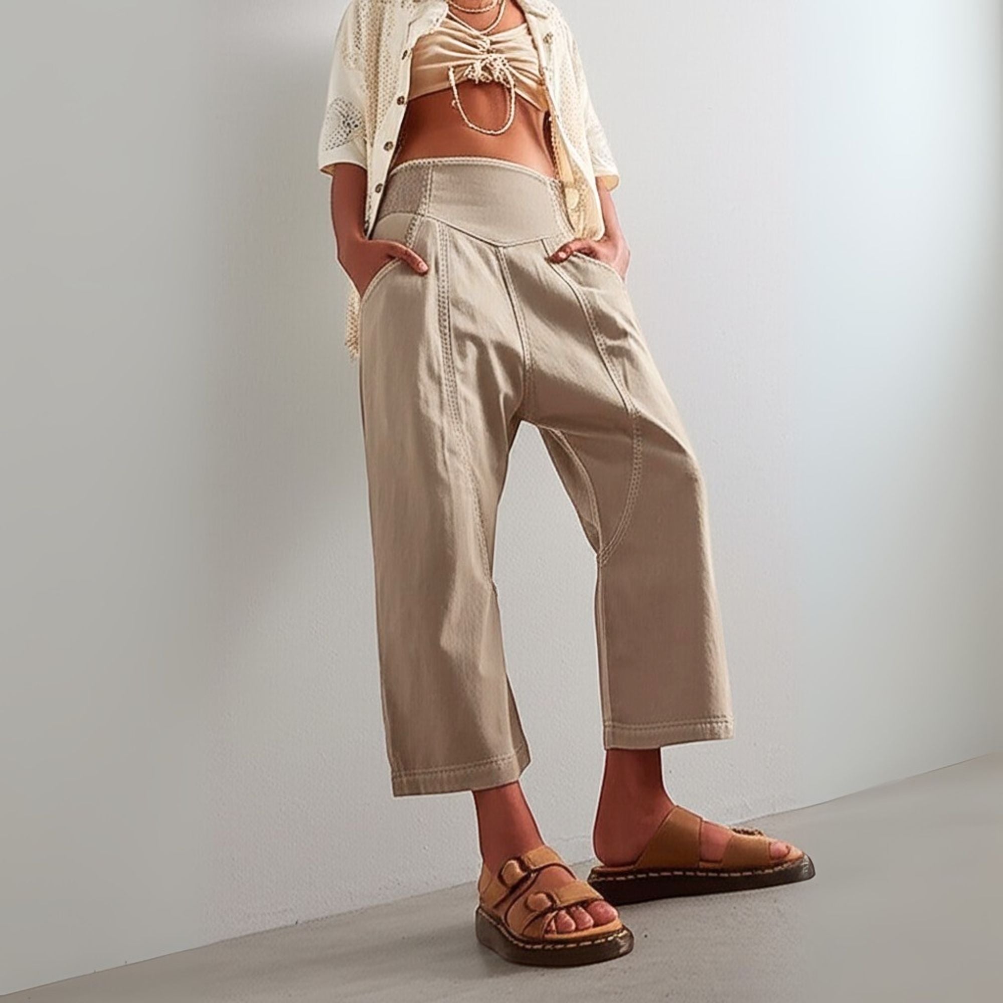 Women's Wide-Leg Denim Pants Curved Seam Stretch Waist
