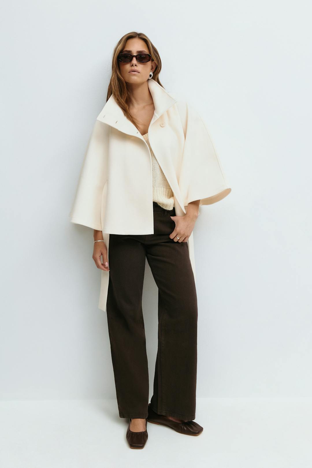 Women's Cape Coat High Neck Tie Belt Loose Silhouette