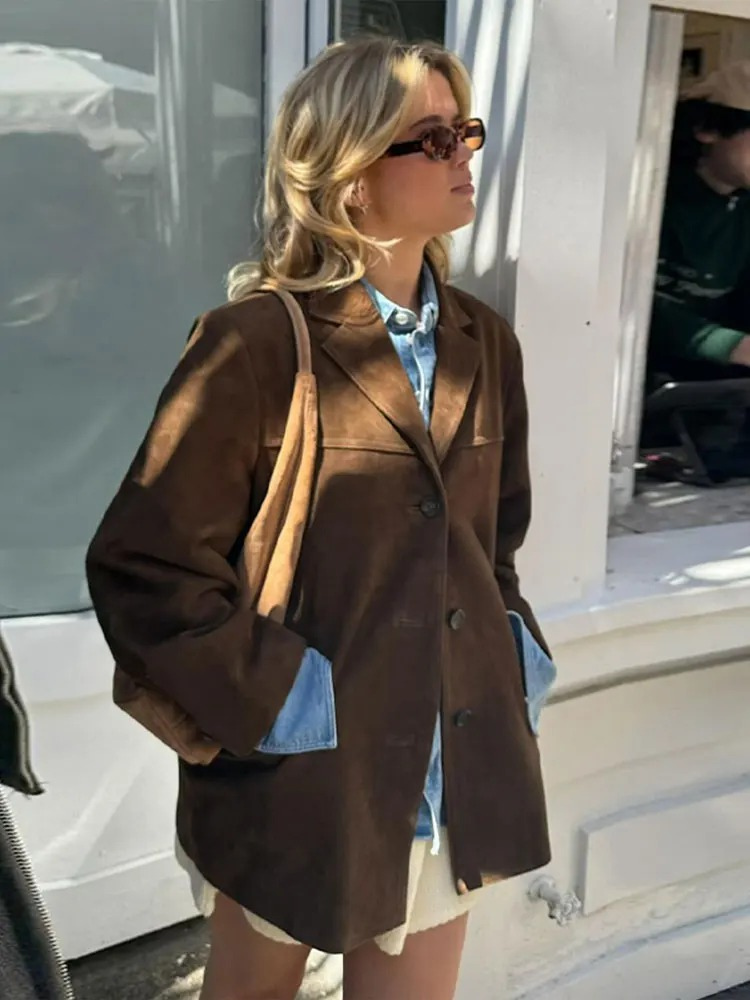 Women's Oversized Faux Suede Blazer Relaxed Elegant Fit