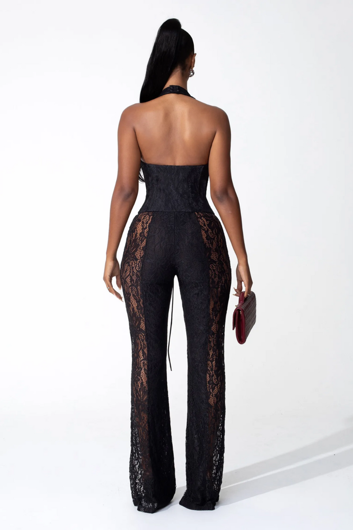 Deny Halter Neck Sheer Lace Jumpsuit