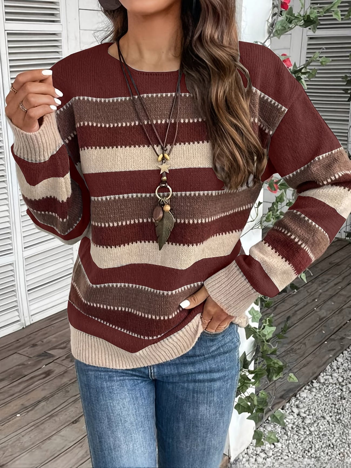 Pull en maille rayé pour femme à col rond
