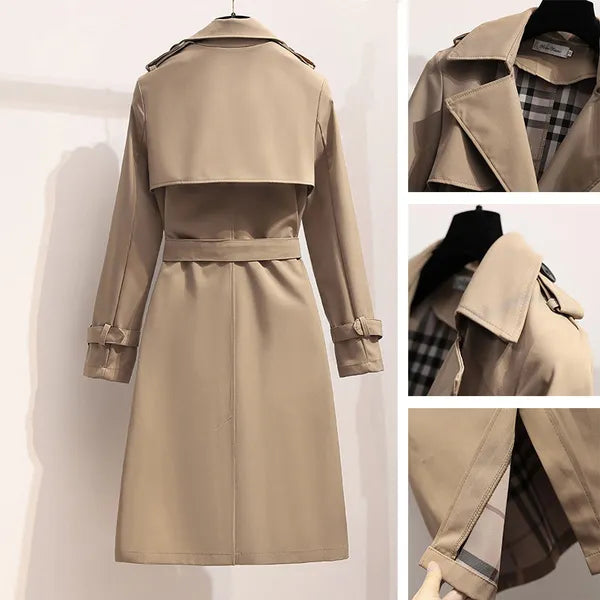 Women's Long Trench Coat with Double Button Closure