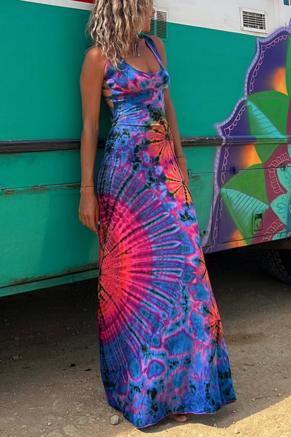 Belle La Bamba Tie-dye Print Back Lace-up Stretch Maxi Dress