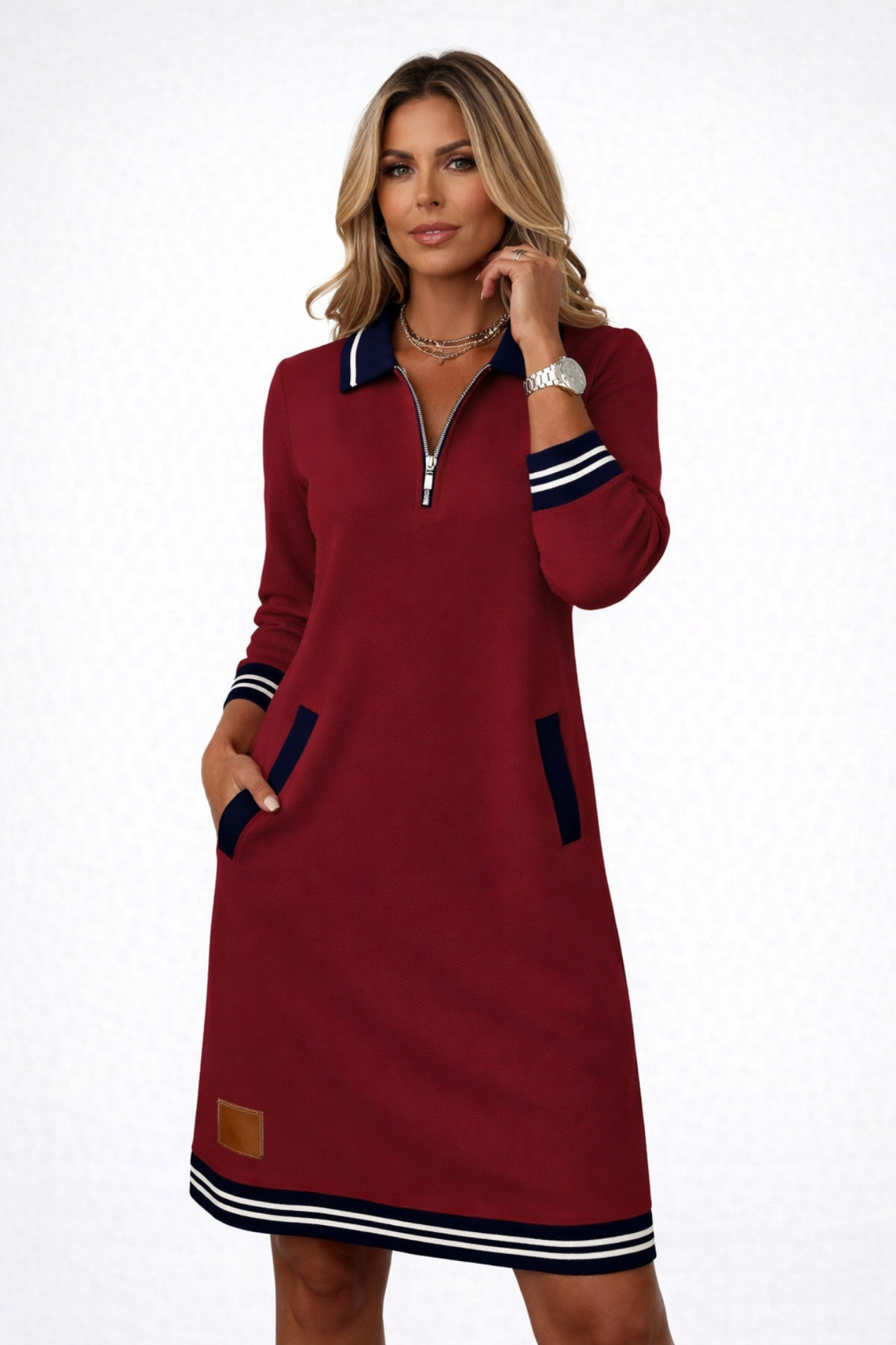 Women's Sweater Dress Zip Collar Long Sleeve Straight Cut