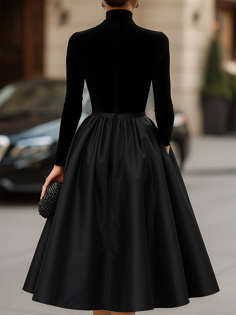 Ava | Vestido midi elegante de terciopelo negro y satén
