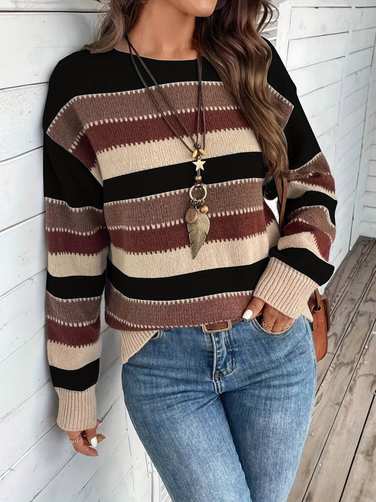 Women's Striped Knit Sweater with Round Neck