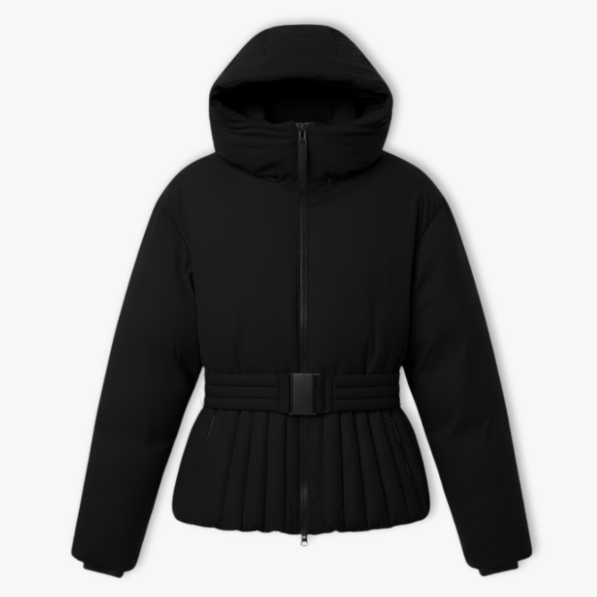 Women's Peplum Ski Jacket Hooded High Collar Belted Waist