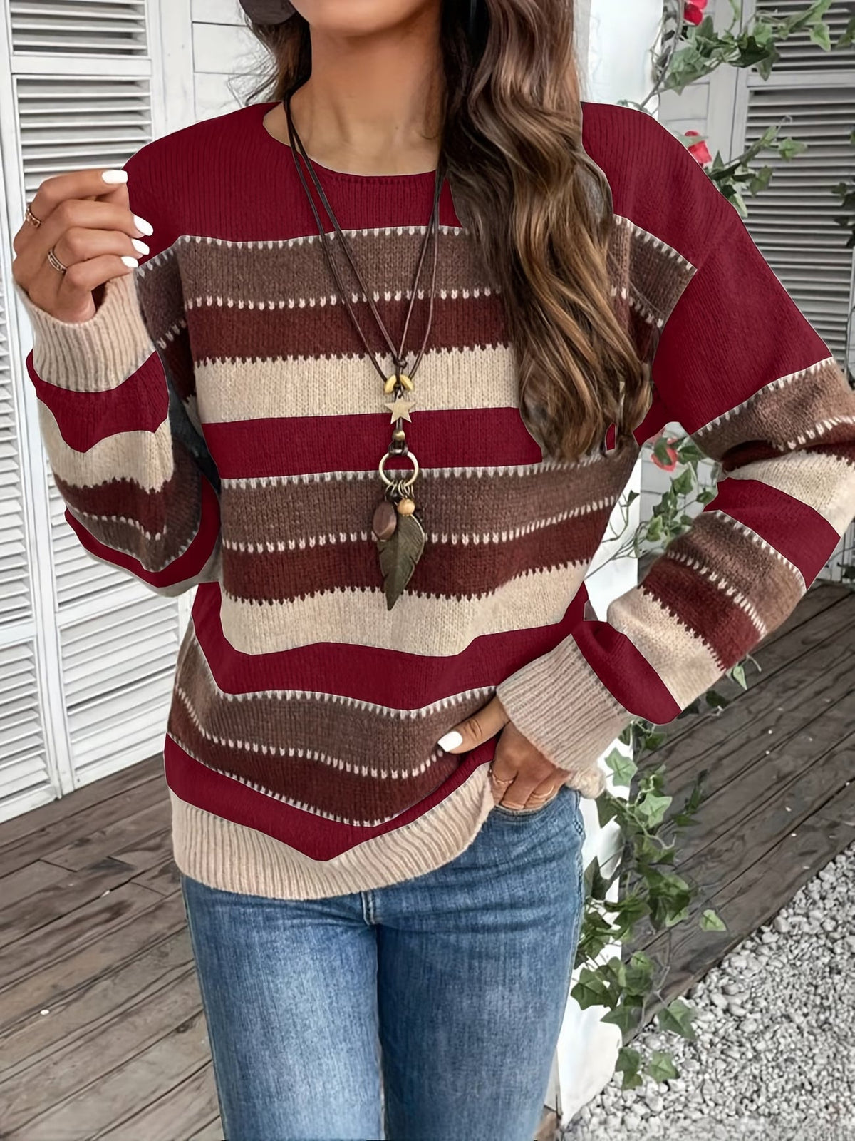 Pull en maille rayé pour femme à col rond