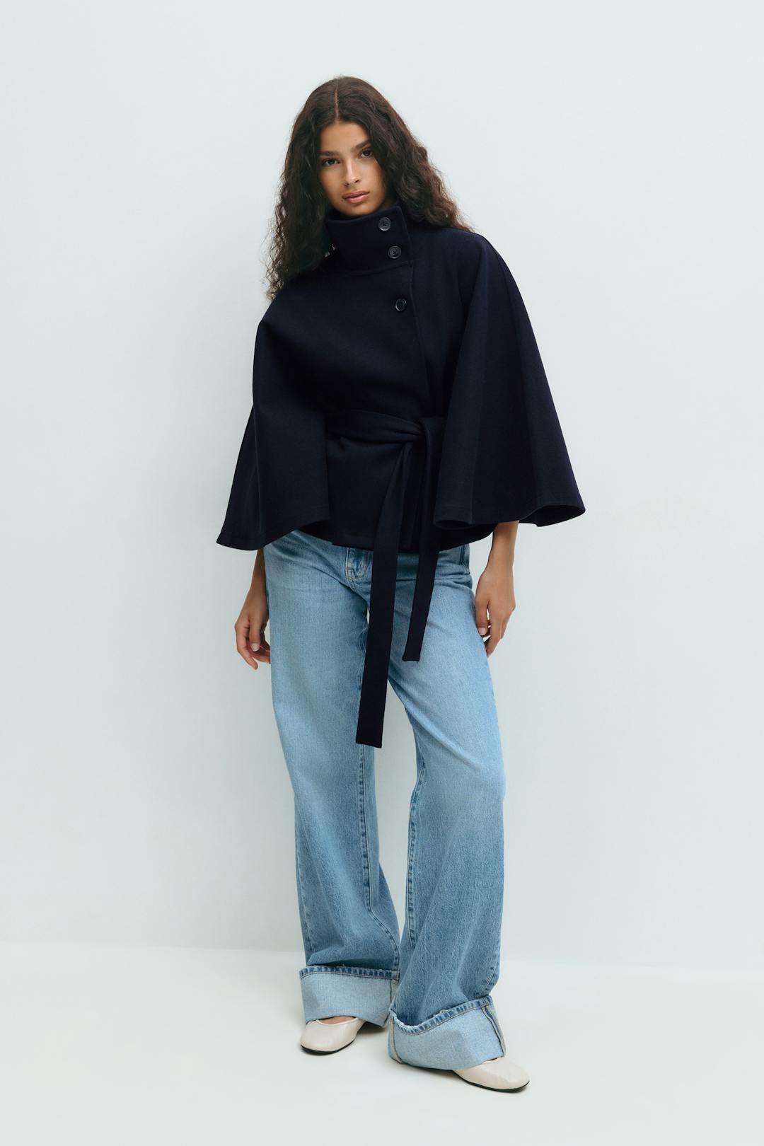 Women's Cape Coat High Neck Tie Belt Loose Silhouette