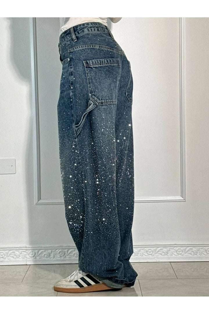 Sparkle Rhinestone Wide-Leg Jeans