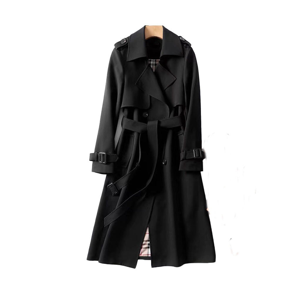 Women's Long Trench Coat with Double Button Closure