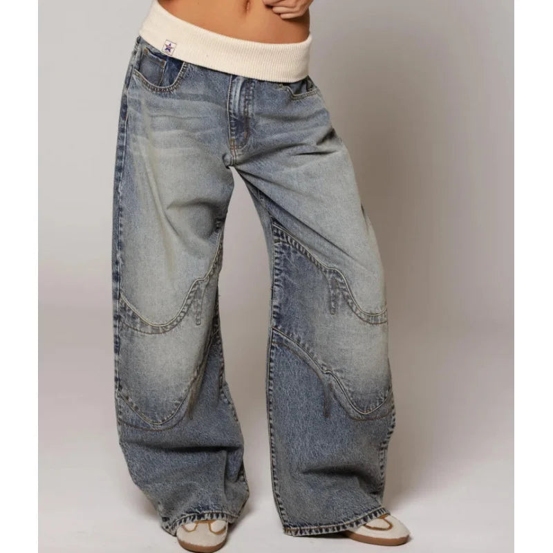 Women's Baggy Jeans Statement Seams Elastic Waist Comfort