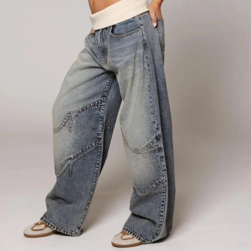 Women's Baggy Jeans Statement Seams Elastic Waist Comfort