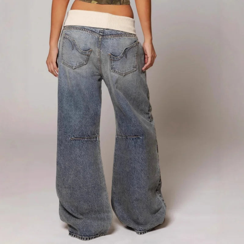 Women's Baggy Jeans Statement Seams Elastic Waist Comfort